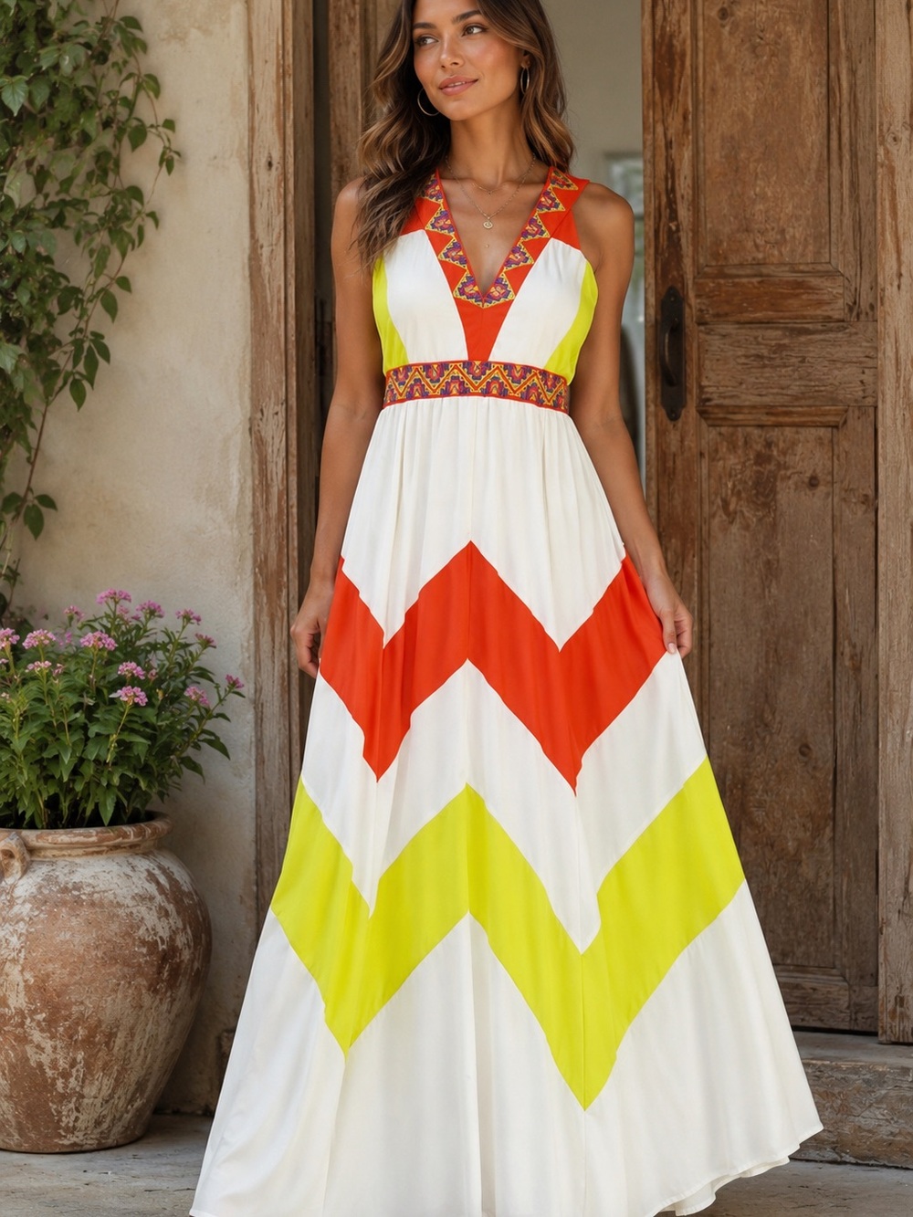 Gianni Bini‎ Chevron Maxi Dress XS Orange Green Aztec Print Deep V Neck